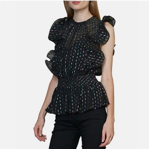 ML Monique Lhuillier Silk Metallic Ruffle Top with Smocked Waist, Size S - Picture 1 of 9